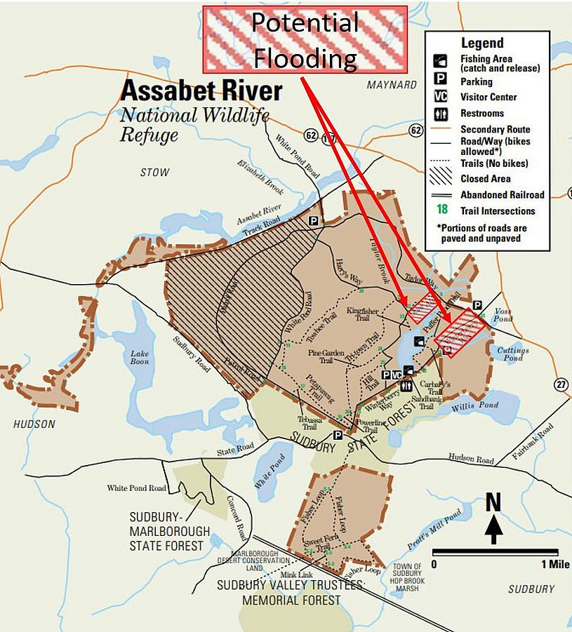 Assabet River trail map showing flooding closures